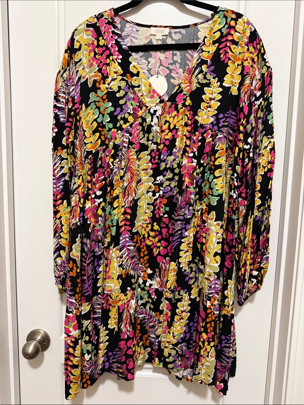 ODDY Black Floral V-Neck Long Sleeve Dress with Yellow Pink Purple Green Print